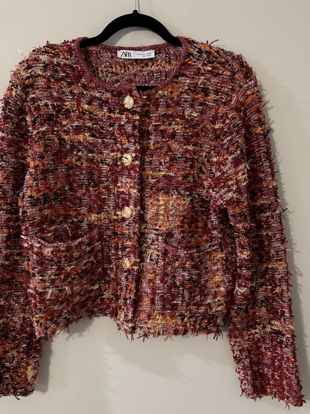 Zara Tweed Cropped Blazer in Burgundy Mix with Gold Buttons
